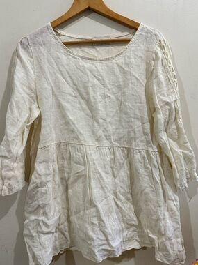 La Contessa Women’s Cream Linen Long-Sleeve Peasant Tunic Dress